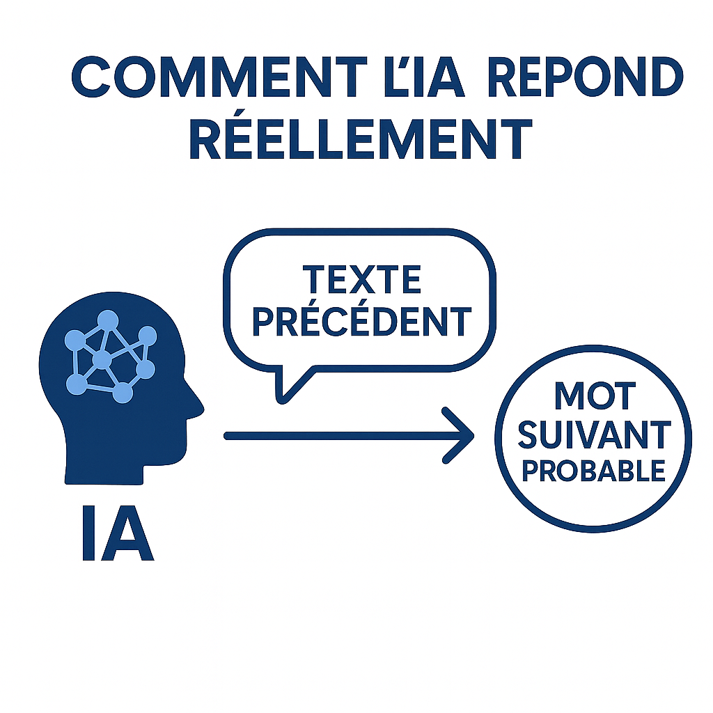 Schéma épuré qui montre qu’une IA analyse des mots et des modèles, sans comprendre comme un humain. Illustration pédagogique pour expliquer la logique de fonctionnement aux TPE.