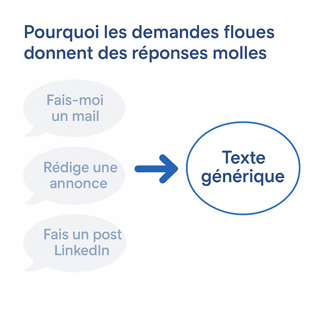 Trois bulles de texte floues (“Fais-moi un mail”, “Rédige une annonce”, “Fais un post LinkedIn”) menant à un texte générique. Illustration des mauvaises demandes qui donnent de mauvaises réponses.