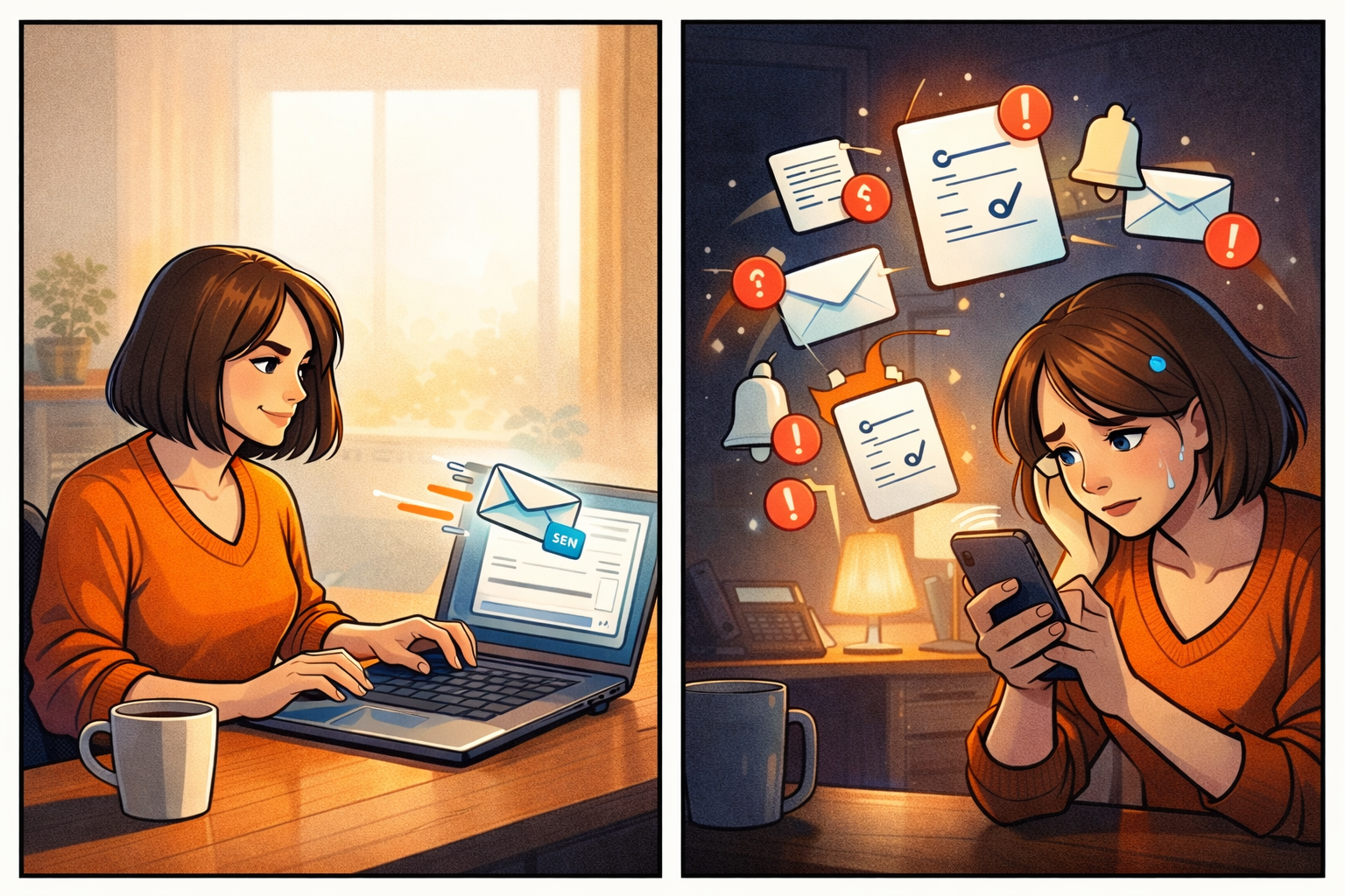 Deux cases : devis envoyé le lundi matin, puis stress le vendredi soir en réalisant que la relance a été oubliée.