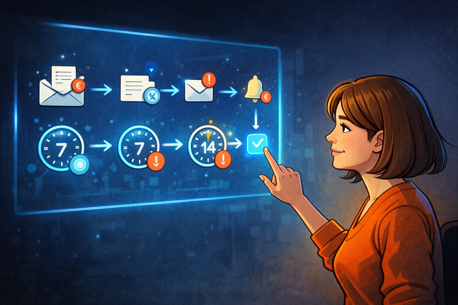 Entrepreneure observant une interface simple qui déclenche relance et alerte selon le temps, avec contrôle de validation.