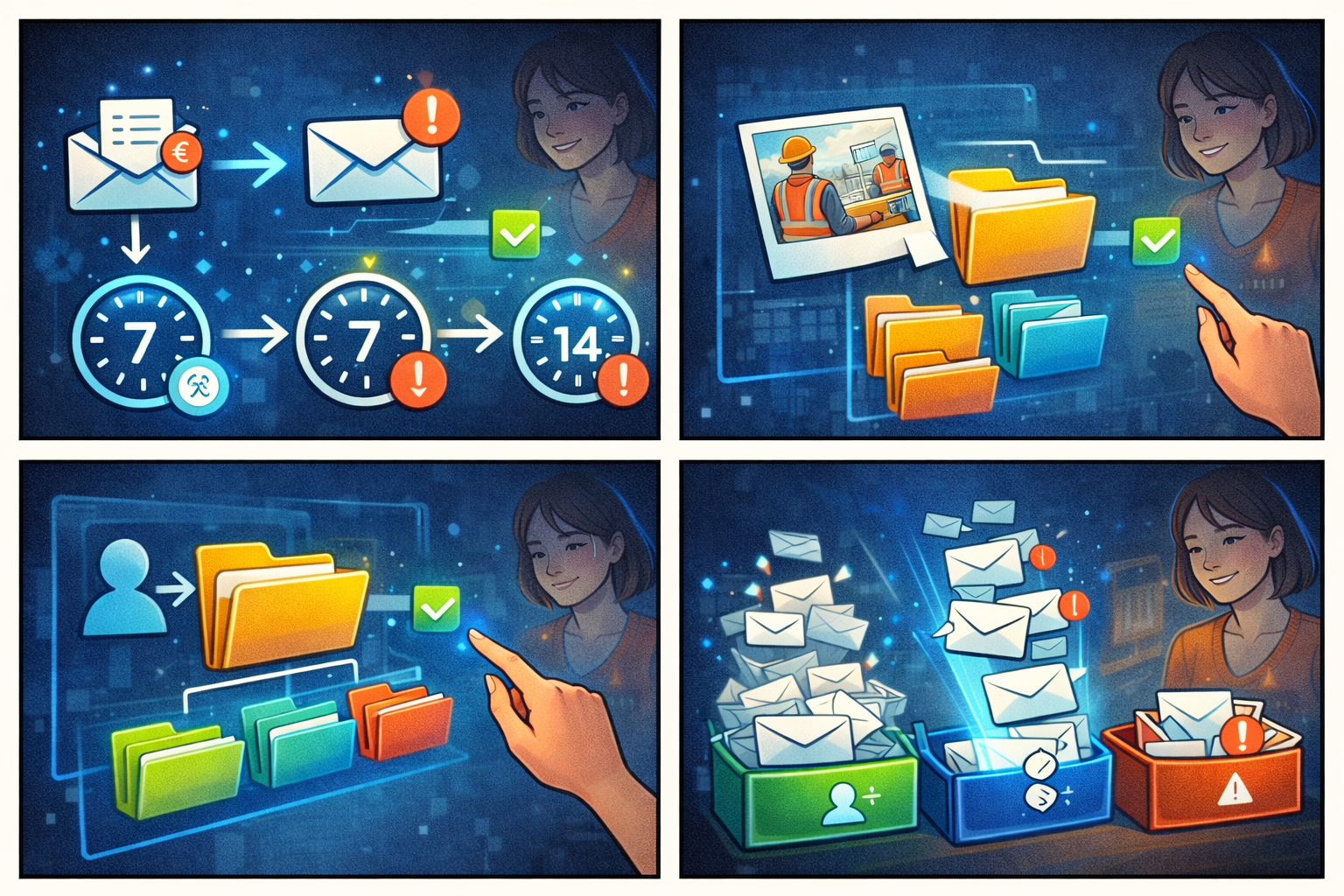 Strip BD montrant relance de devis, rangement de photos, création de dossier client et tri d’emails automatisés.