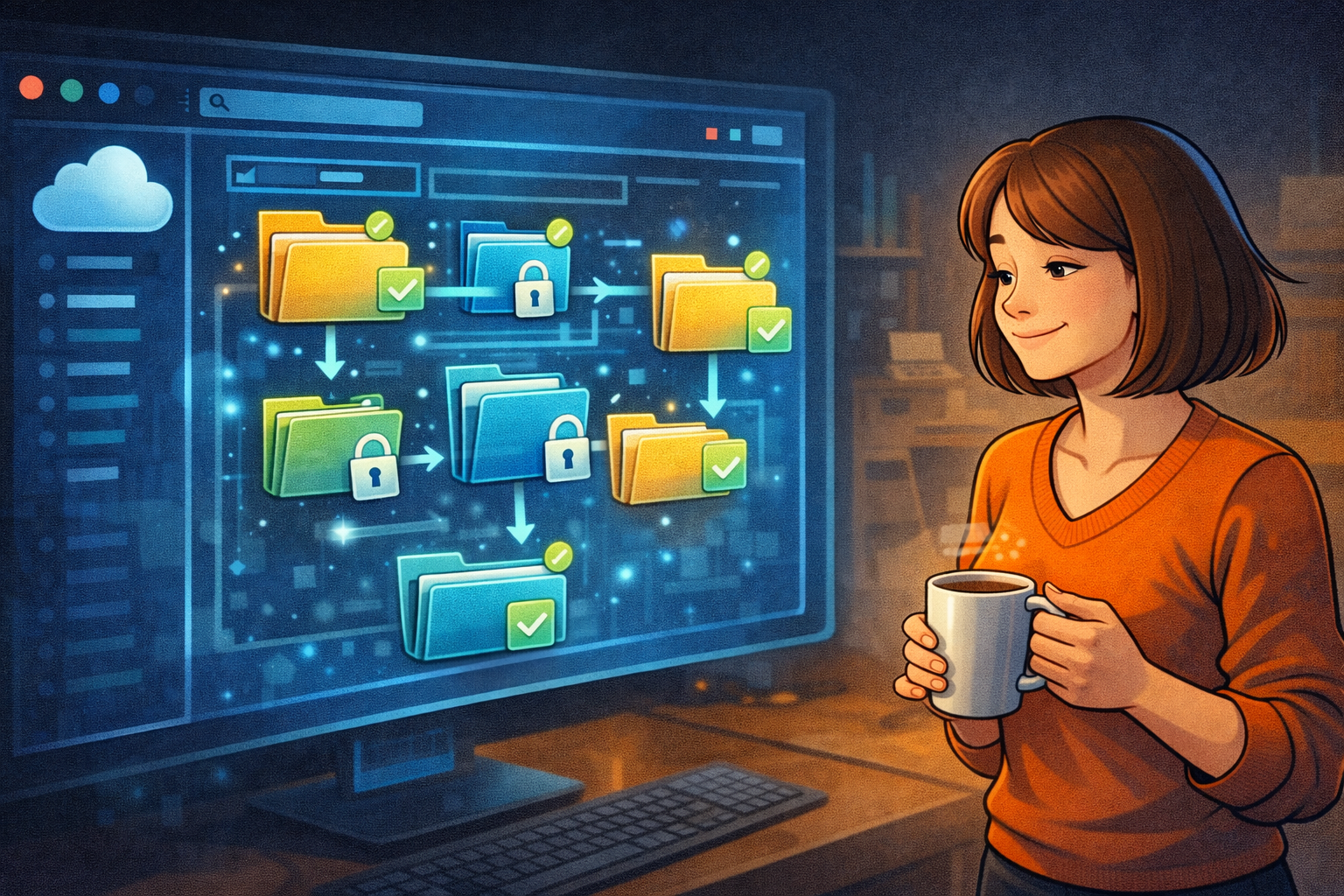 Dossiers client qui se créent et se rangent automatiquement sur un écran, entrepreneure soulagée devant un système propre.