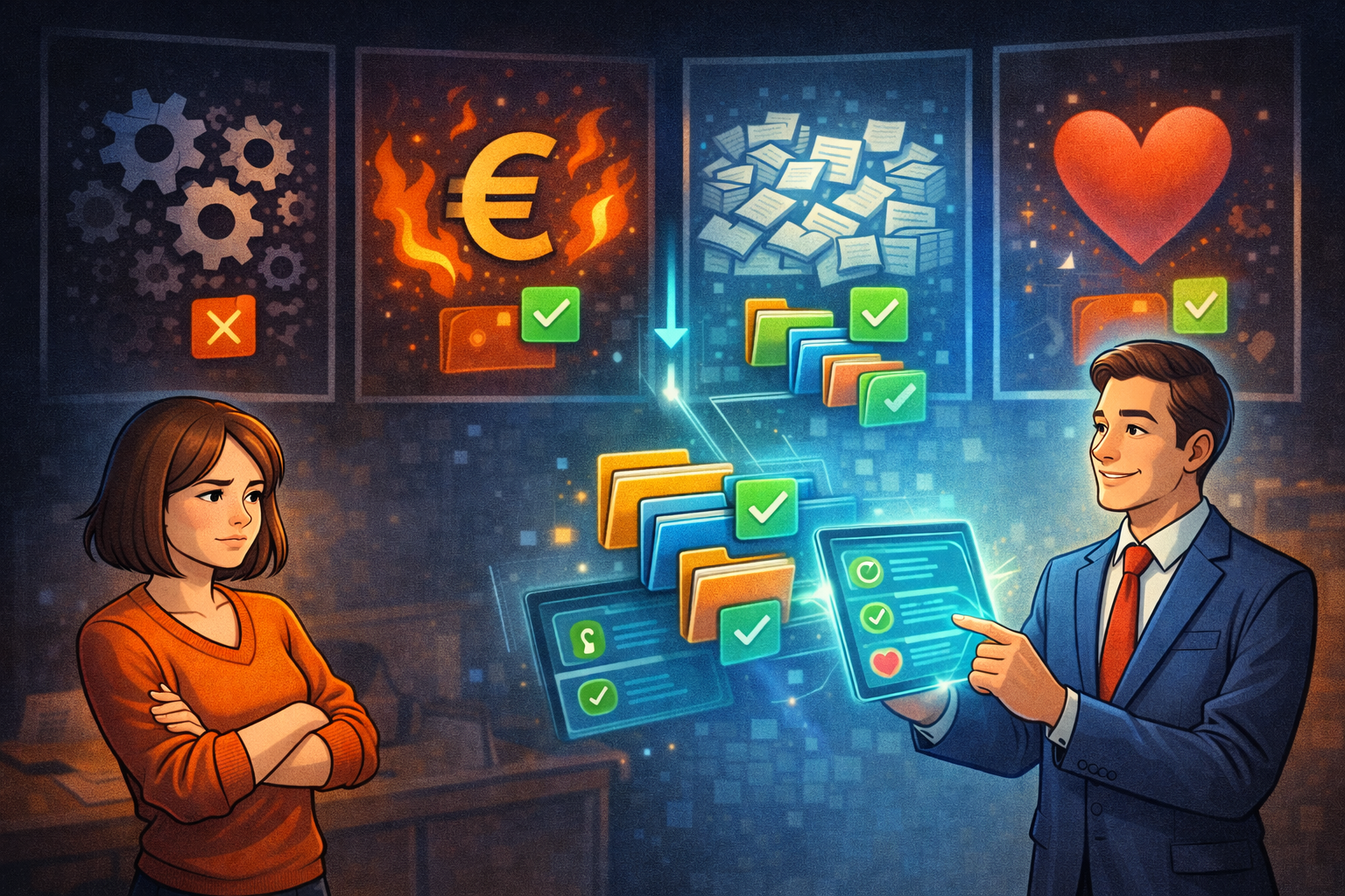 Quatre peurs autour de l’automatisation se transforment en solutions simples avec coches vertes, sous le regard rassuré de l’entrepreneure.