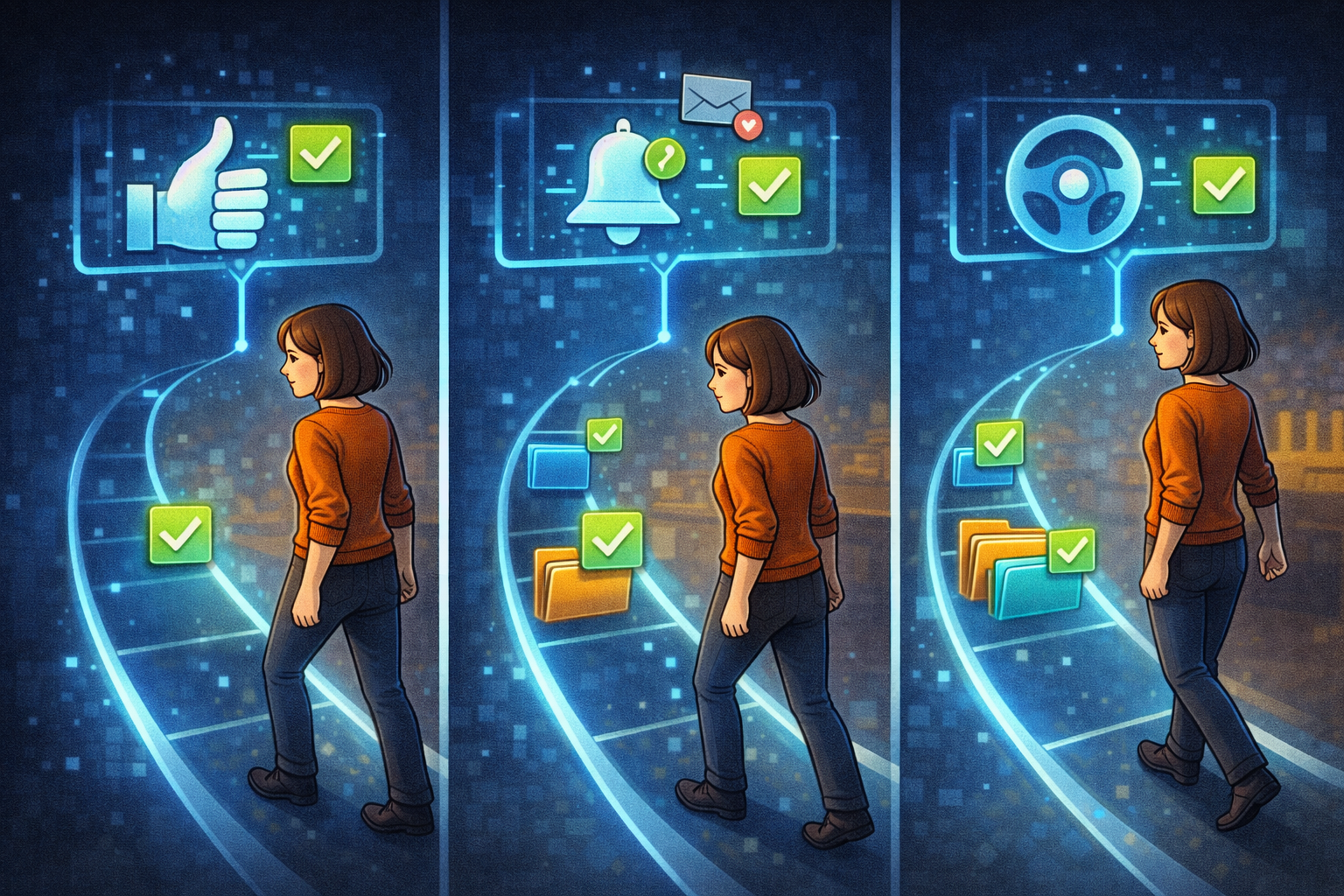 Entrepreneure face à trois niveaux d’automatisation représentés par validation manuelle, notification, puis autopilote.