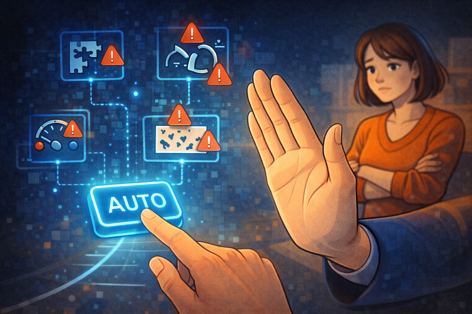 Main arrêtée avant d’activer une automatisation, avec pictogrammes d’alerte sur exceptions, volume faible, données mauvaises, instabilité et mauvais timing.