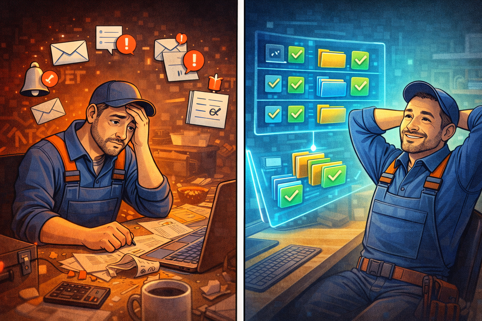 Avant/après : plombier épuisé avec tâches en désordre, puis plombier serein avec relances et suivi automatisés.