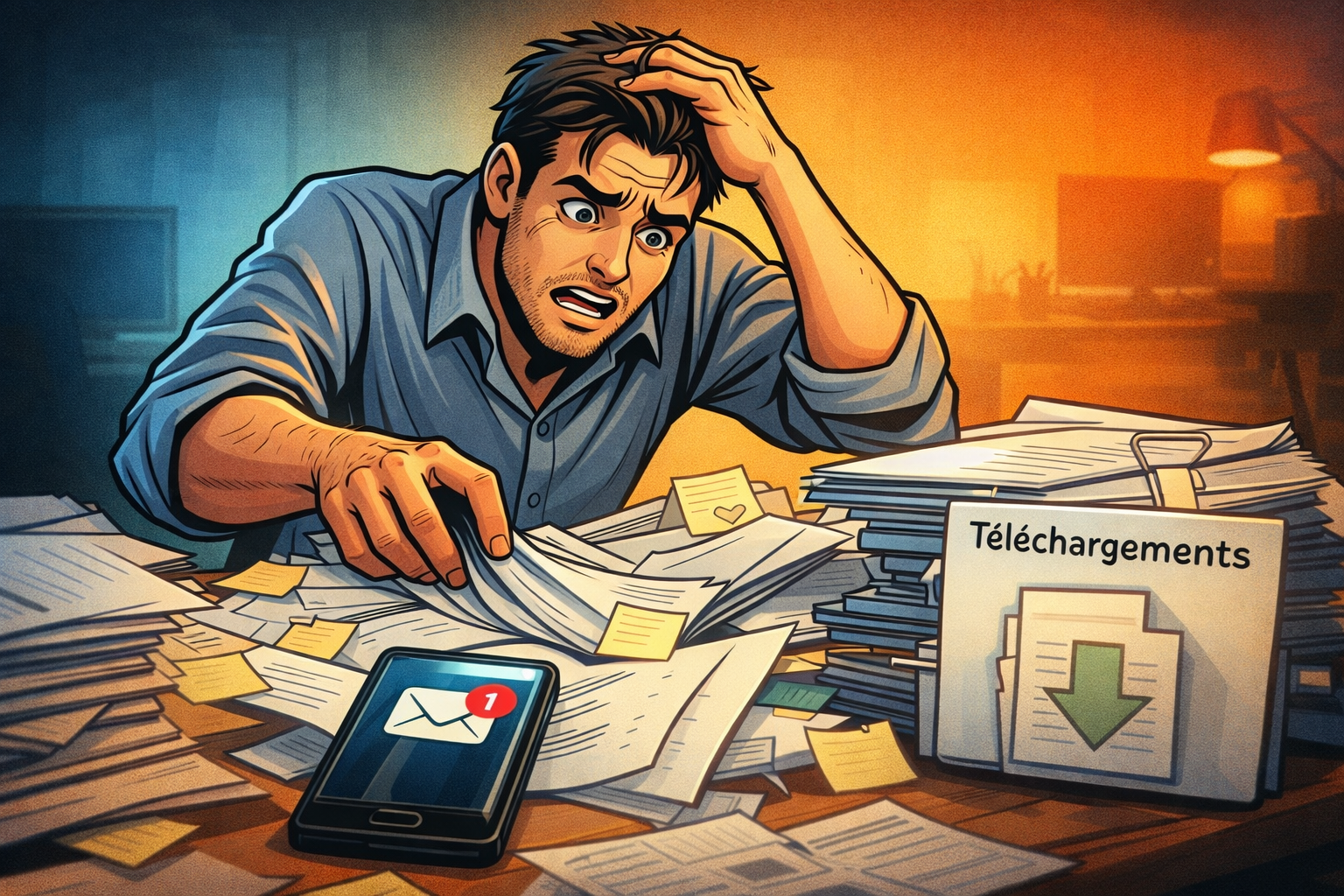 Un homme cherche un document perdu au milieu d’un bureau encombré et de téléchargements en vrac.