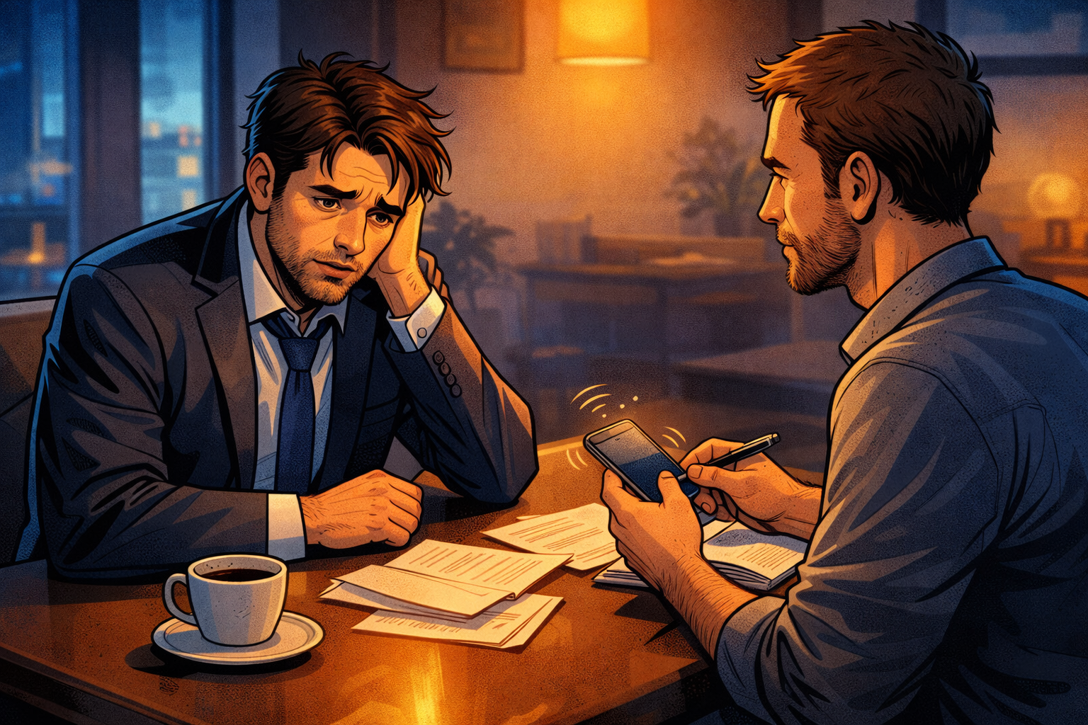 Un avocat parle avec fatigue à un consultant assis en face, dans une ambiance calme mais chargée de papiers.