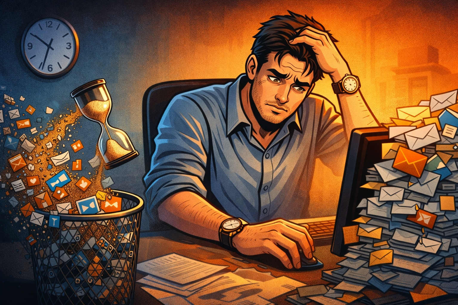 Un homme fatigué à 19h30 voit le temps s’échapper comme du sable pendant qu’il cherche des fichiers.