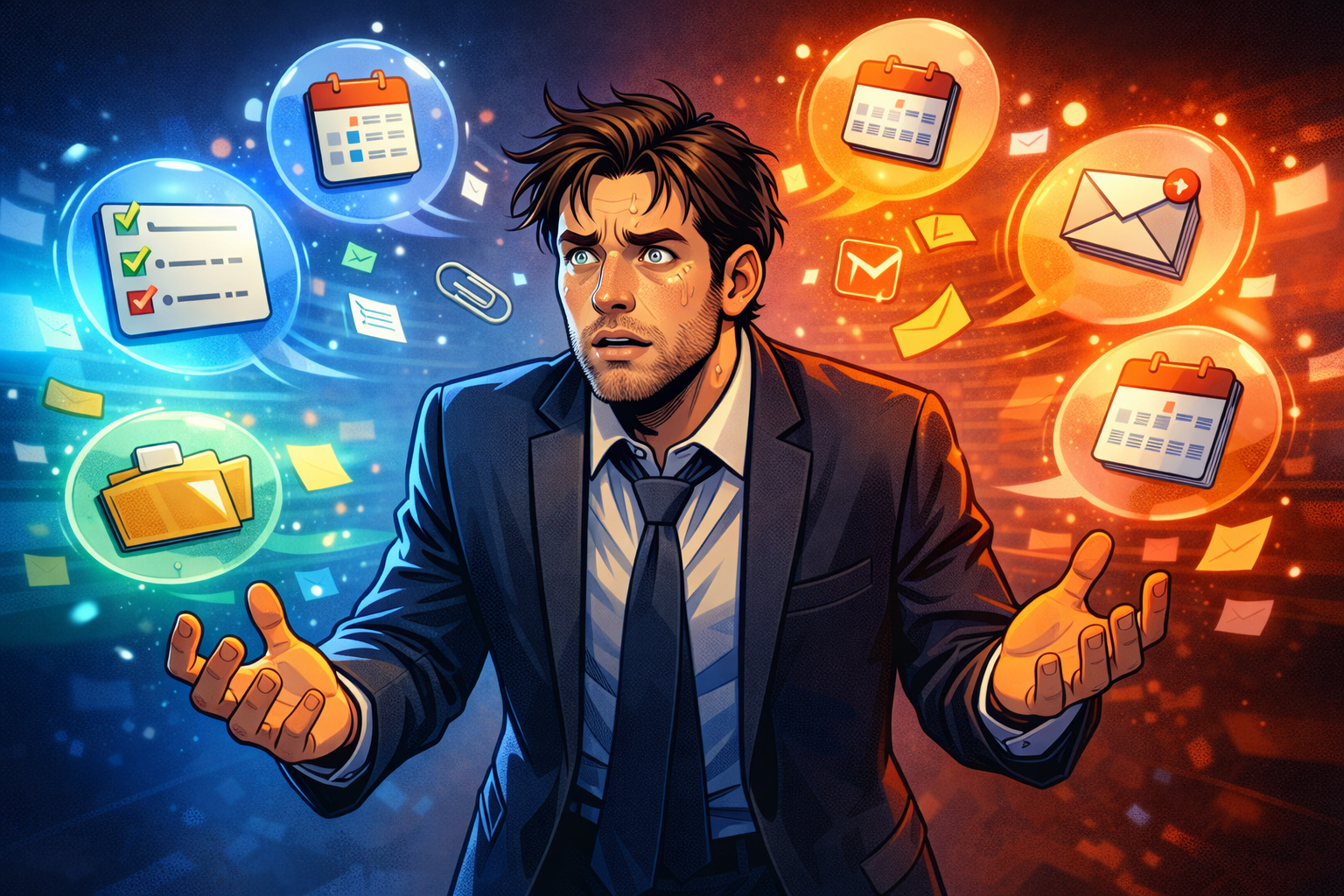 Un avocat tente de jongler avec des dossiers, calendriers et relances qui apparaissent autour de lui comme des pop-ups.