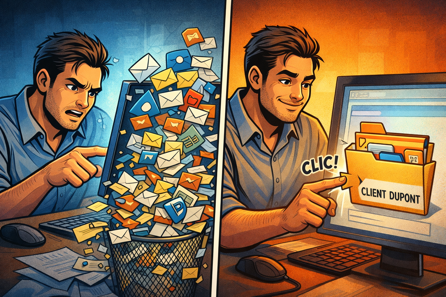 Une scène en deux panneaux montre à gauche des fichiers qui se perdent, et à droite des fichiers rangés automatiquement au bon endroit.