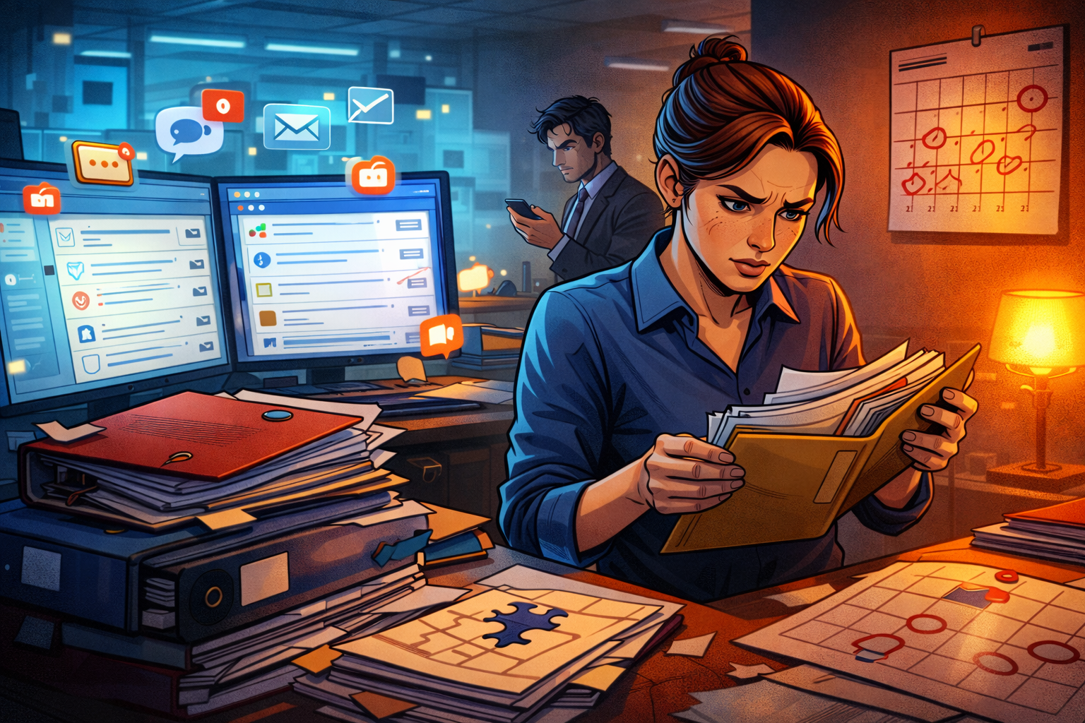 Un bureau de cabinet encombré d’écrans d’emails, de dossiers et d’un calendrier, avec une assistante cherchant une pièce manquante.