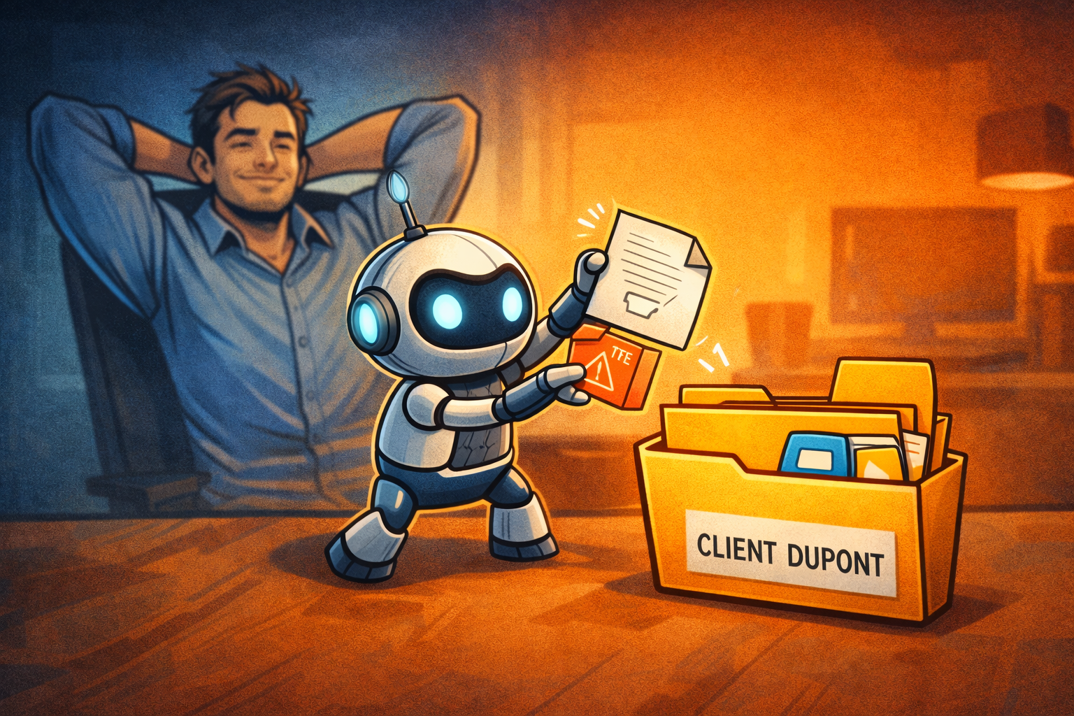 Un robot stylisé range automatiquement une pièce jointe dans un dossier client pendant qu’un homme se détend.
