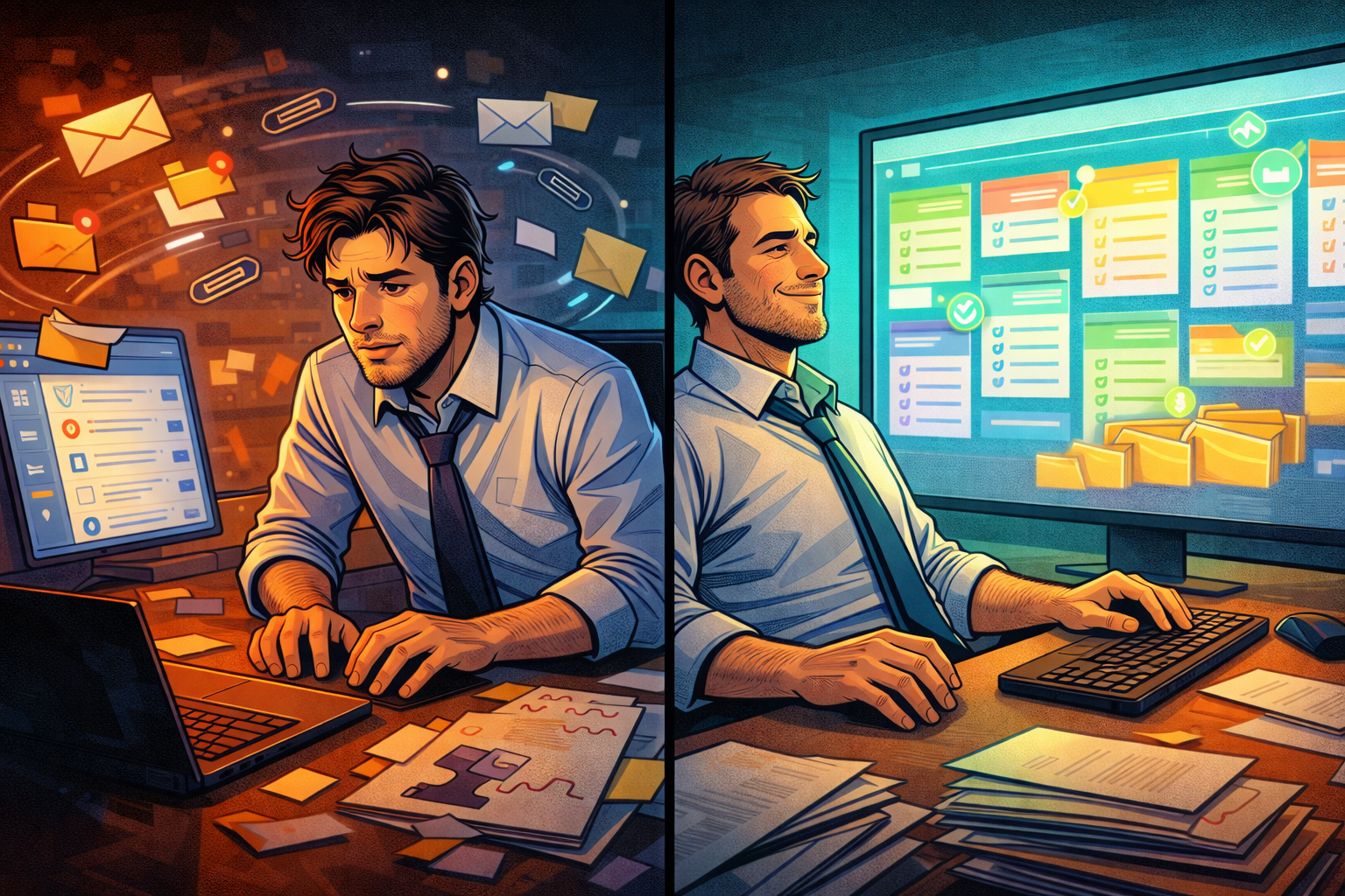 Un avocat passe d’un bureau chaotique à une vue claire de suivi de dossiers sur un grand écran, avec des éléments qui se rangent automatiquement.