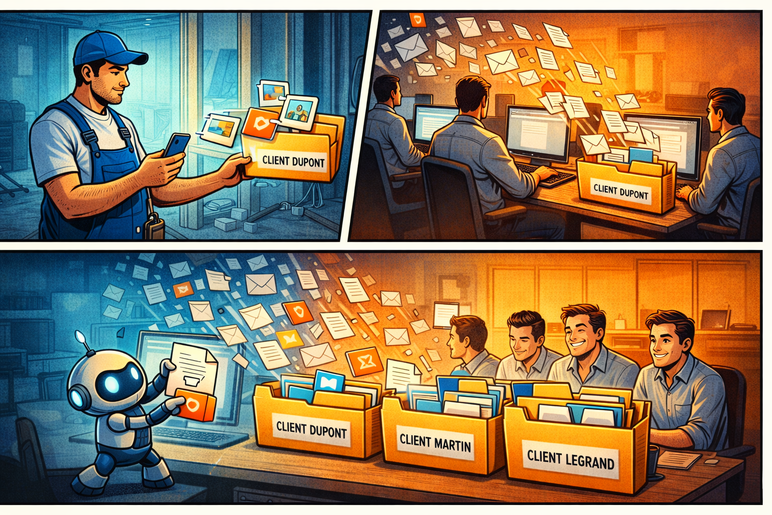 Un strip montre un plombier et un cabinet comptable dont les pièces jointes se rangent automatiquement dans les dossiers clients.