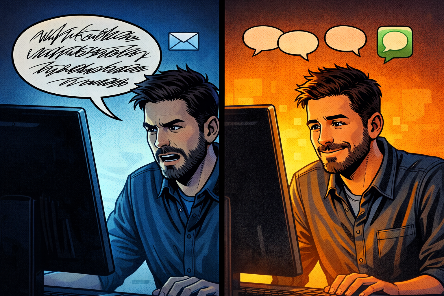 Illustration en deux vignettes montrant un message trop long puis une version courte et naturelle.