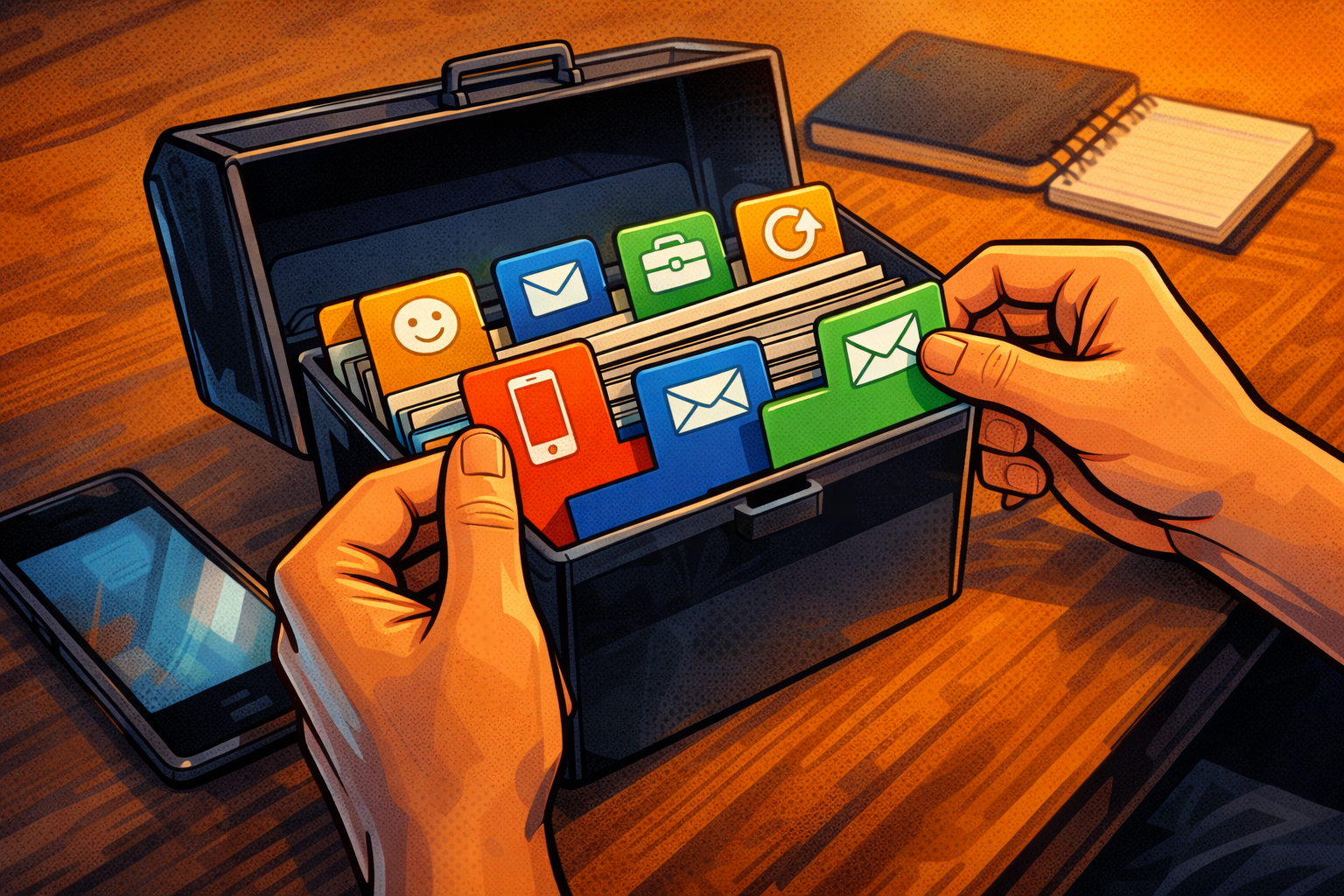 Une boîte à outils remplie de cartes colorées, comme une collection de prompts prêts à utiliser.