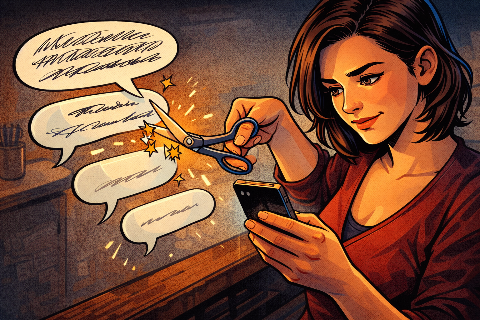 Personne coupant une longue bulle de message en plusieurs phrases courtes sur un smartphone.