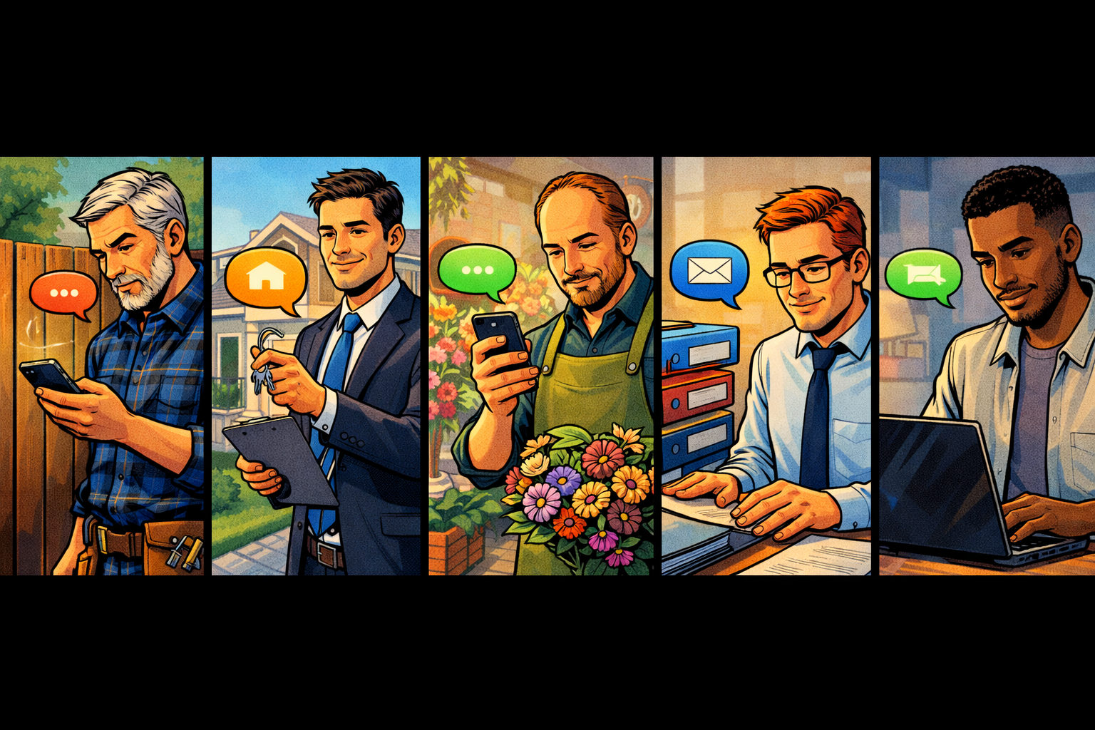 Bande dessinée en cinq scènes montrant différents métiers utilisant des messages courts au quotidien.