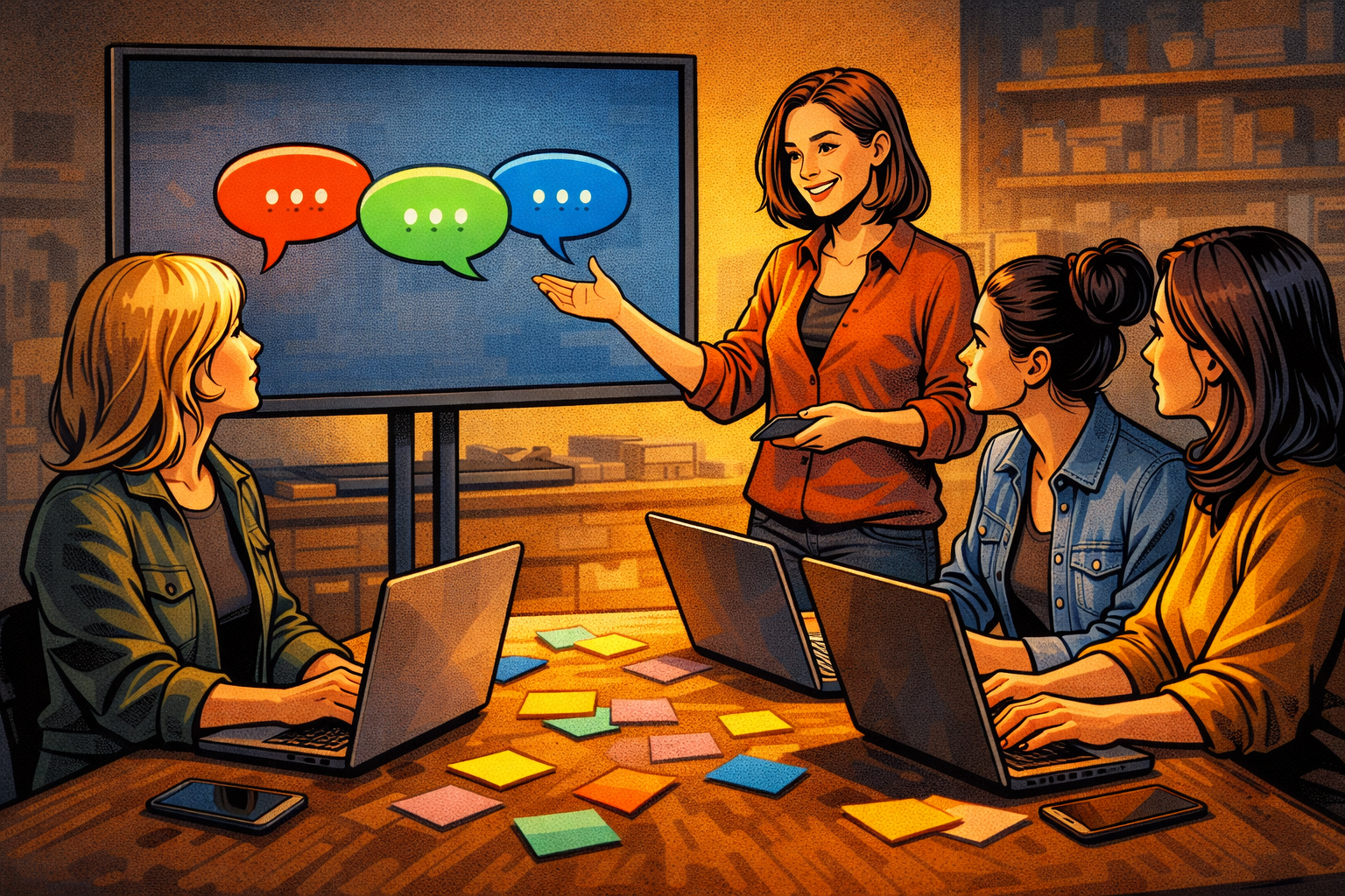 Petit groupe en atelier autour d’une table, en train de préparer des messages sur ordinateur et téléphone.