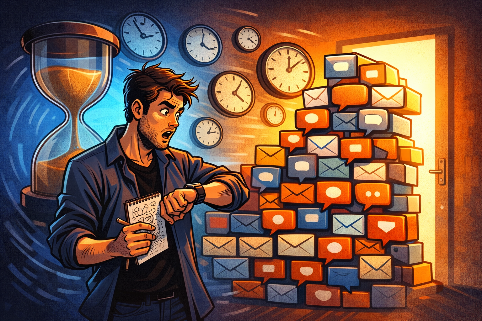 Un entrepreneur fait face à un sablier géant et à des messages empilés qui symbolisent le temps perdu.