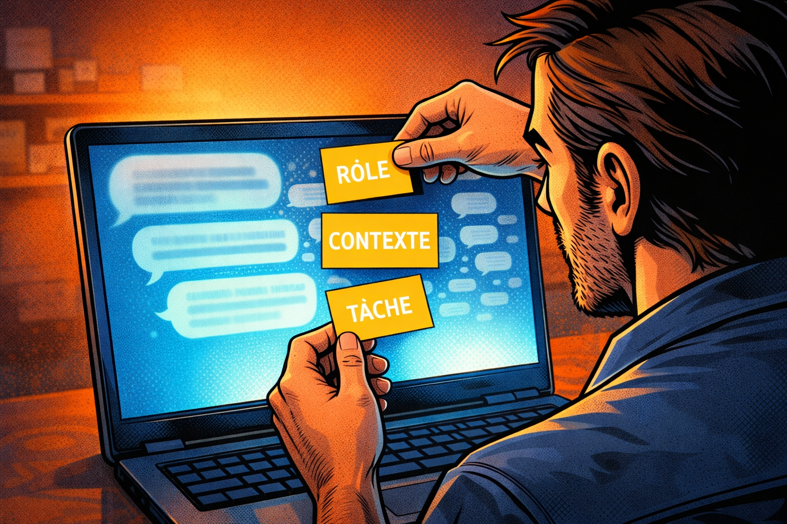Un entrepreneur colle trois post-it “RÔLE, CONTEXTE, TÂCHE” sur son écran pour structurer sa demande à l’IA.