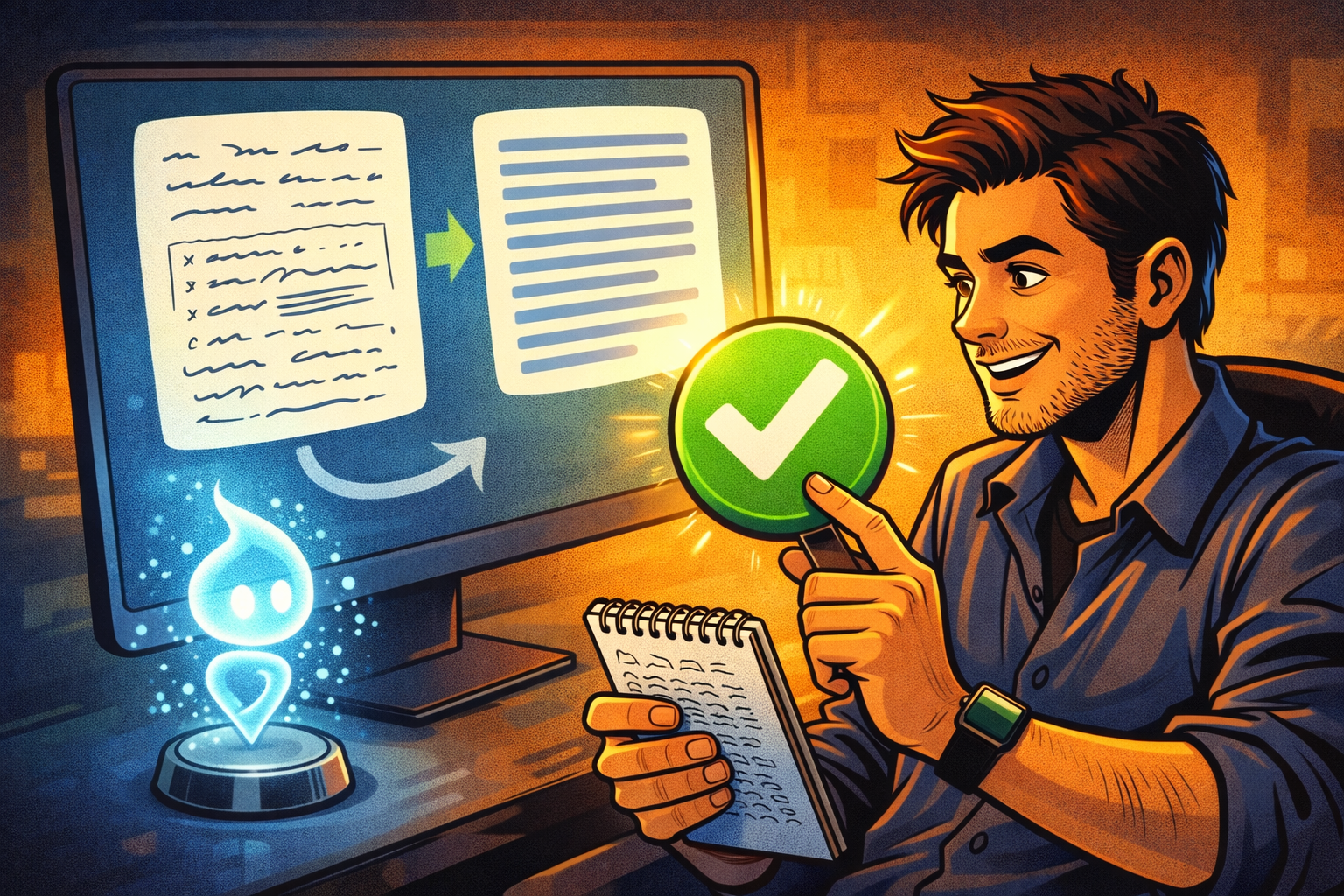 Un entrepreneur relit et valide un texte assisté par une IA représentée comme un hologramme discret.