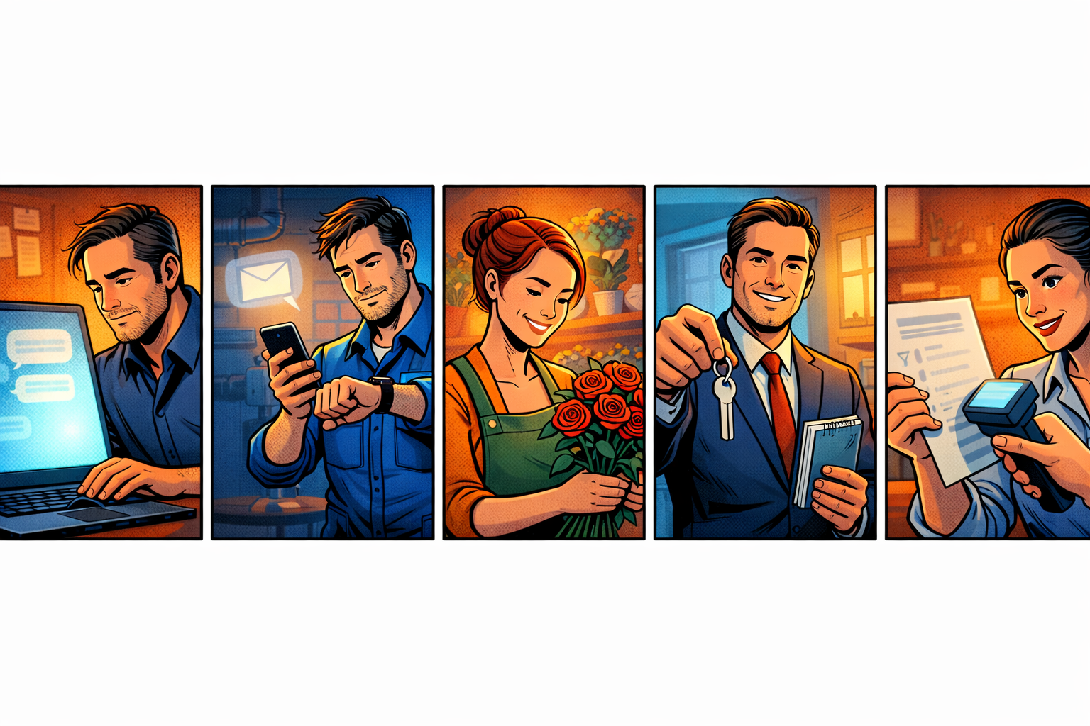 Cinq mini-scènes illustrent relance, retard, arrivage, annonce immo et pièces manquantes.