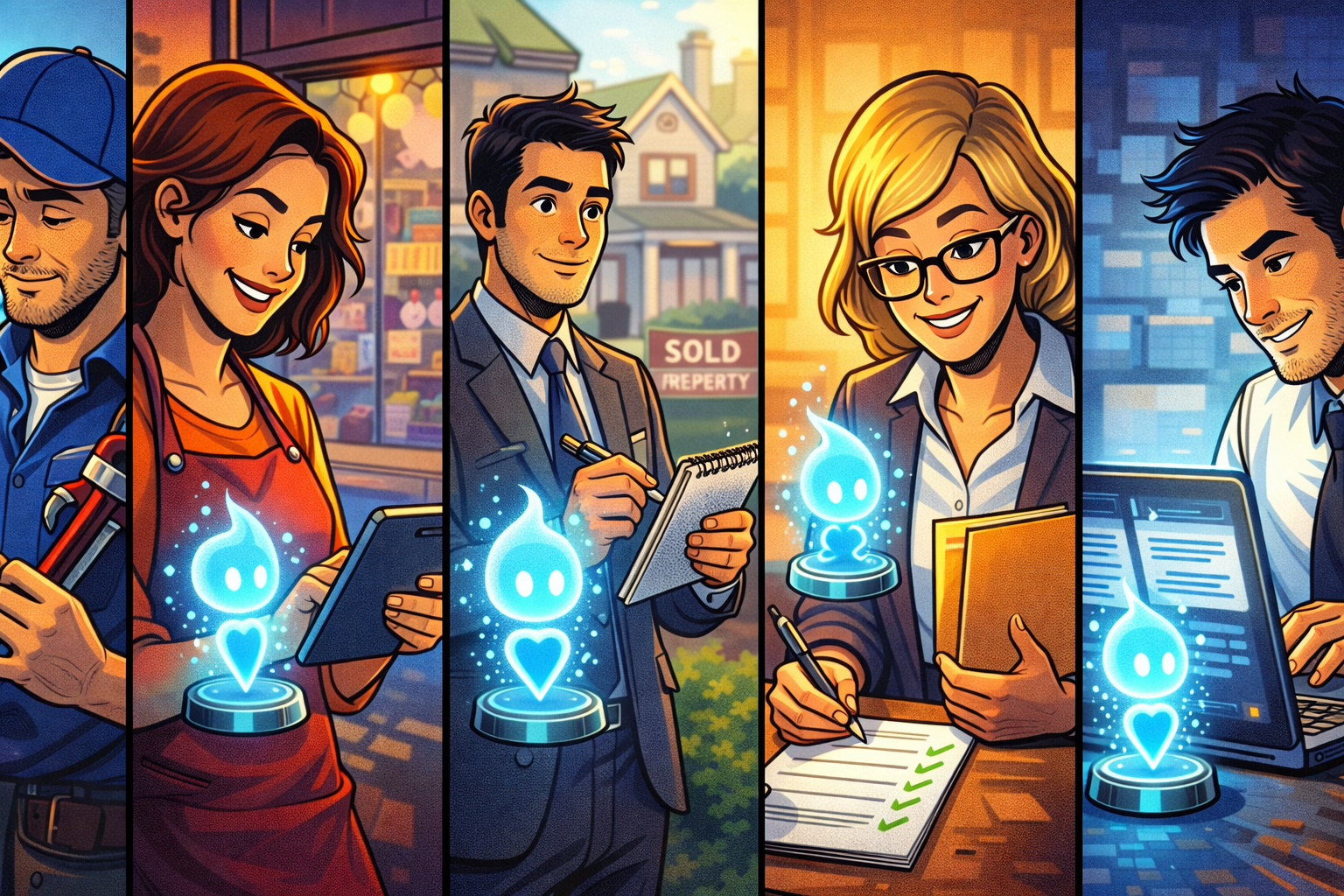 Un strip BD en cinq scènes montre différents professionnels utilisant une aide IA pour rédiger plus vite.