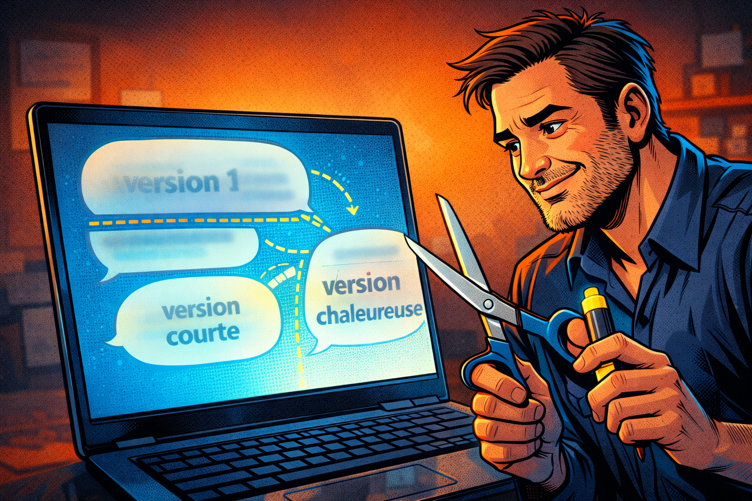 Un entrepreneur affine une première réponse d’IA pour obtenir deux versions plus courtes et plus utiles.