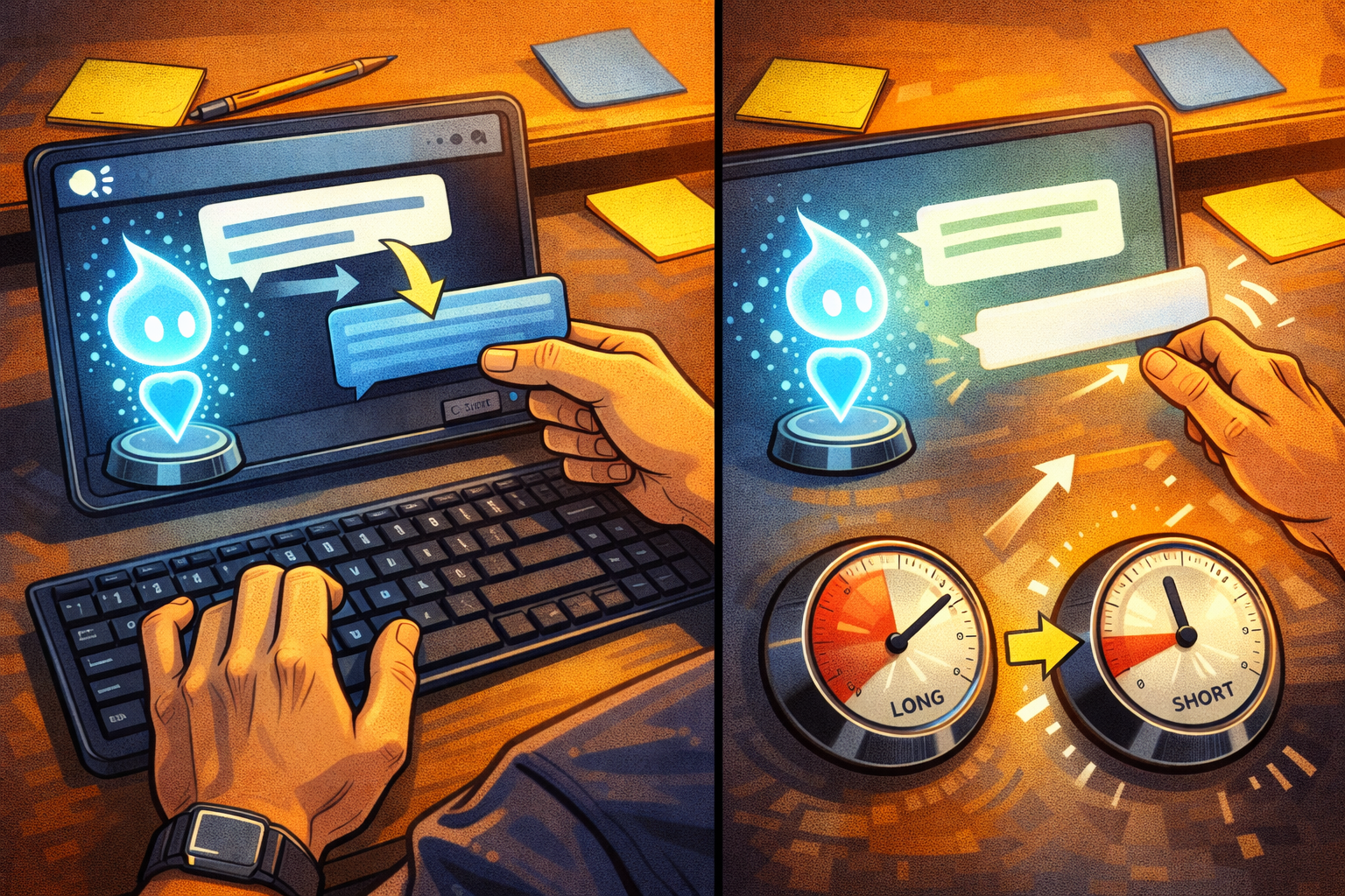 Des mains copient-colle un message dans une interface de chat stylisée et obtiennent une réponse courte.