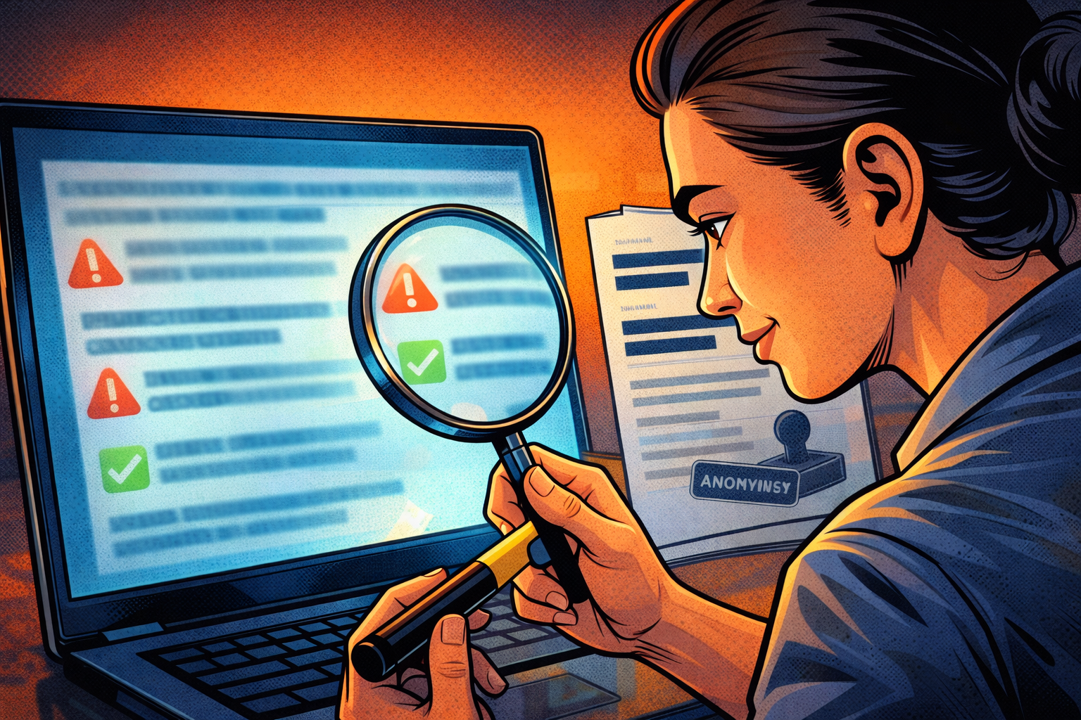 Une professionnelle vérifie une réponse d’IA à la loupe, avec des éléments sensibles masqués et des alertes.