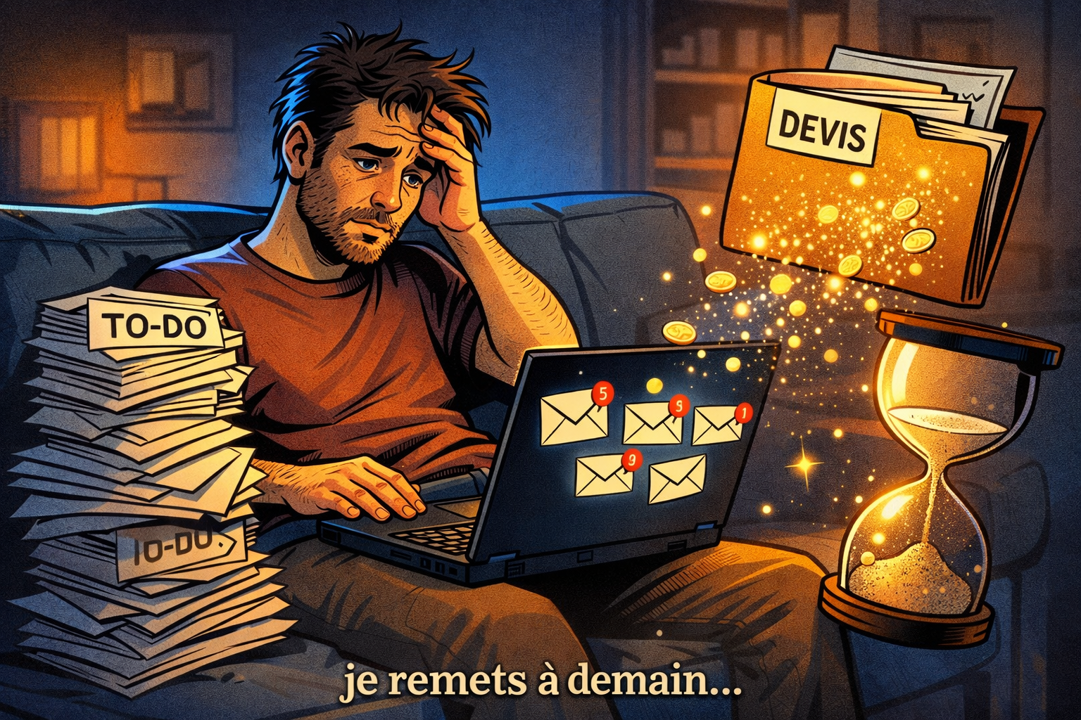 Un artisan le soir avec des emails en attente, un sablier et des pièces qui s’échappent d’un dossier de devis.