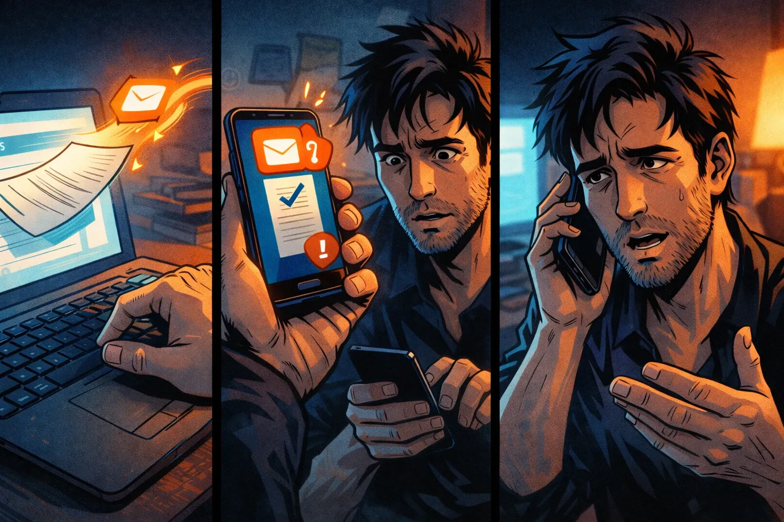 Un strip en trois scènes montre un devis envoyé, une relance en doublon, puis un artisan obligé de rappeler un client.