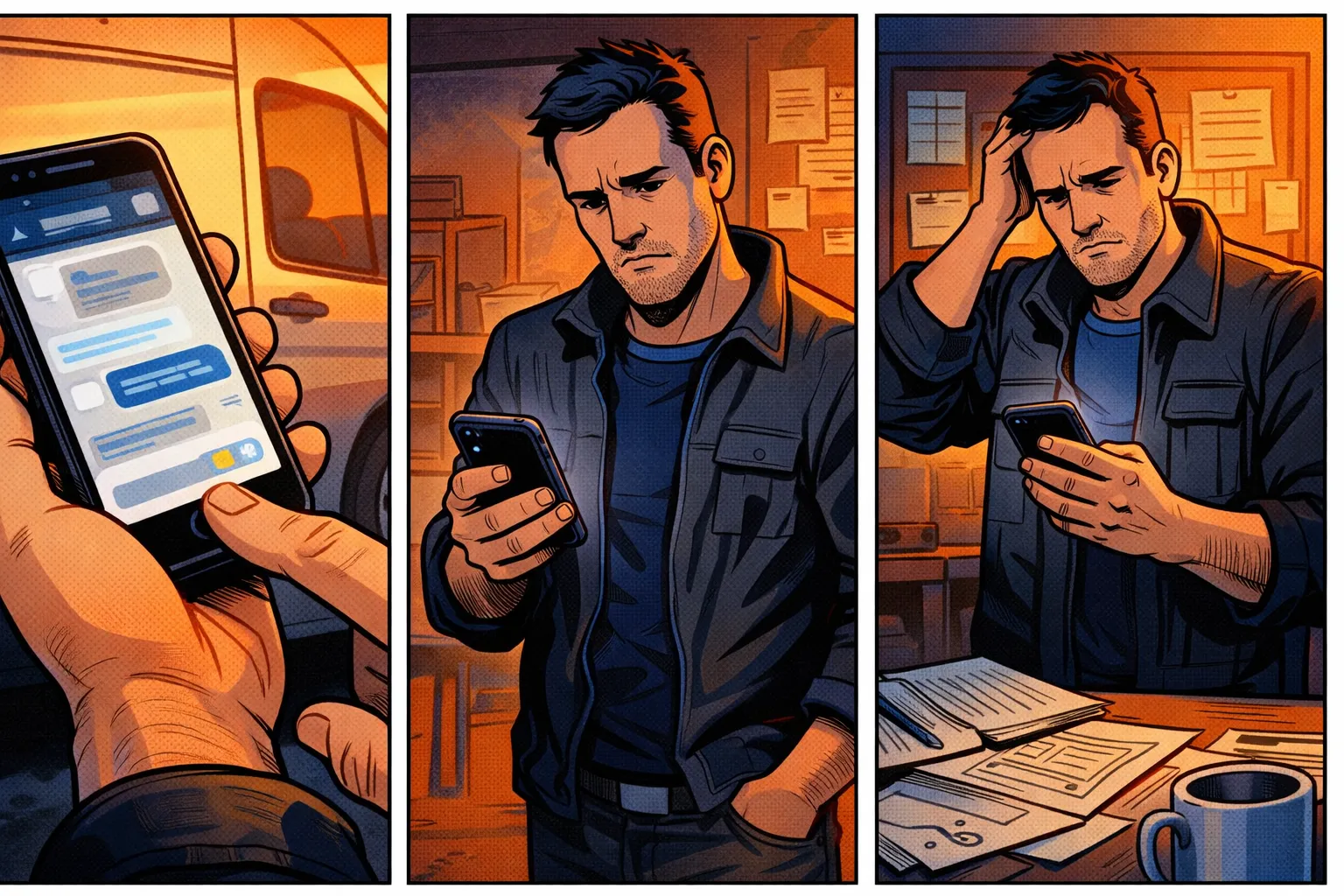 Un strip illustré en trois scènes montre un artisan qui oublie l’outil, l’utilise mal puis le laisse tomber dans le flux de sa journée.