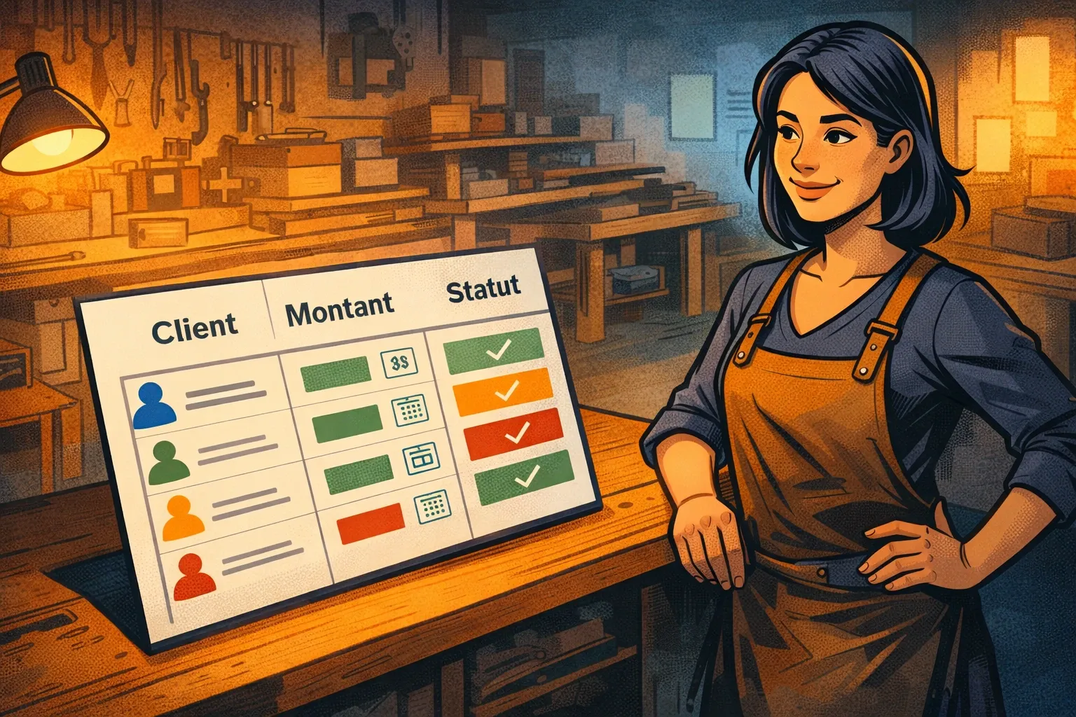 Une artisane observe un tableau de suivi de devis simple et bien organisé, présenté comme point central de son organisation.