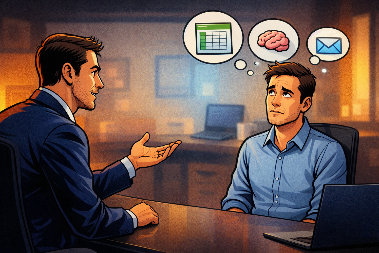 Un consultant interroge un client qui hésite, avec des icônes mail, Excel et mémoire qui flottent au-dessus de lui.