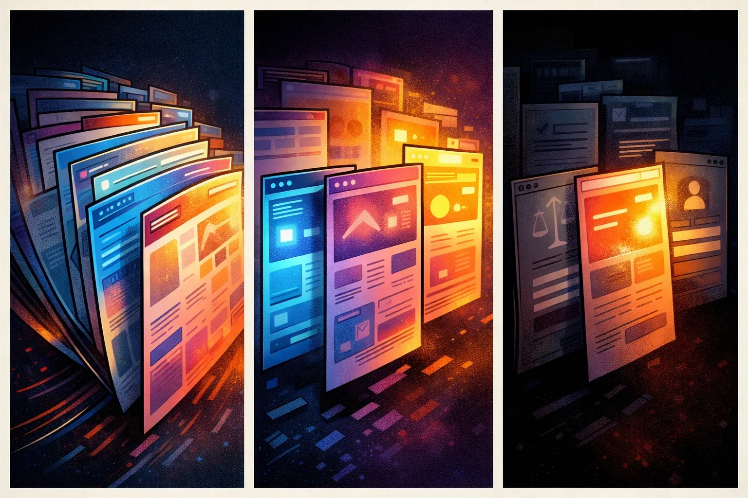 Une illustration en trois scènes montre un site web dont seules quelques pages utiles sont retenues pour l’analyse.