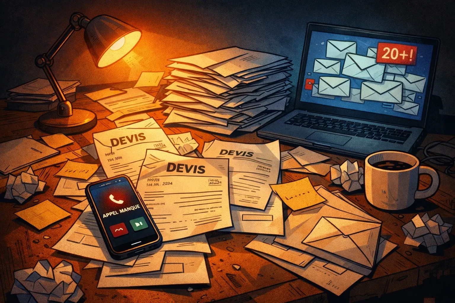 Des devis imprimés et des appels manqués s’accumulent sur un bureau de fin de journée.