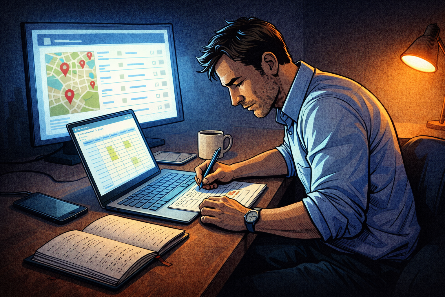Un consultant fatigué copie à la main des informations d’entreprises depuis une recherche locale vers un tableur dans son bureau.