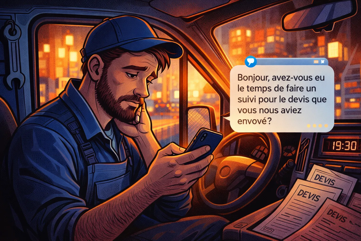 Un plombier lit dans son camion un message concernant un devis qu’il n’a pas relancé.