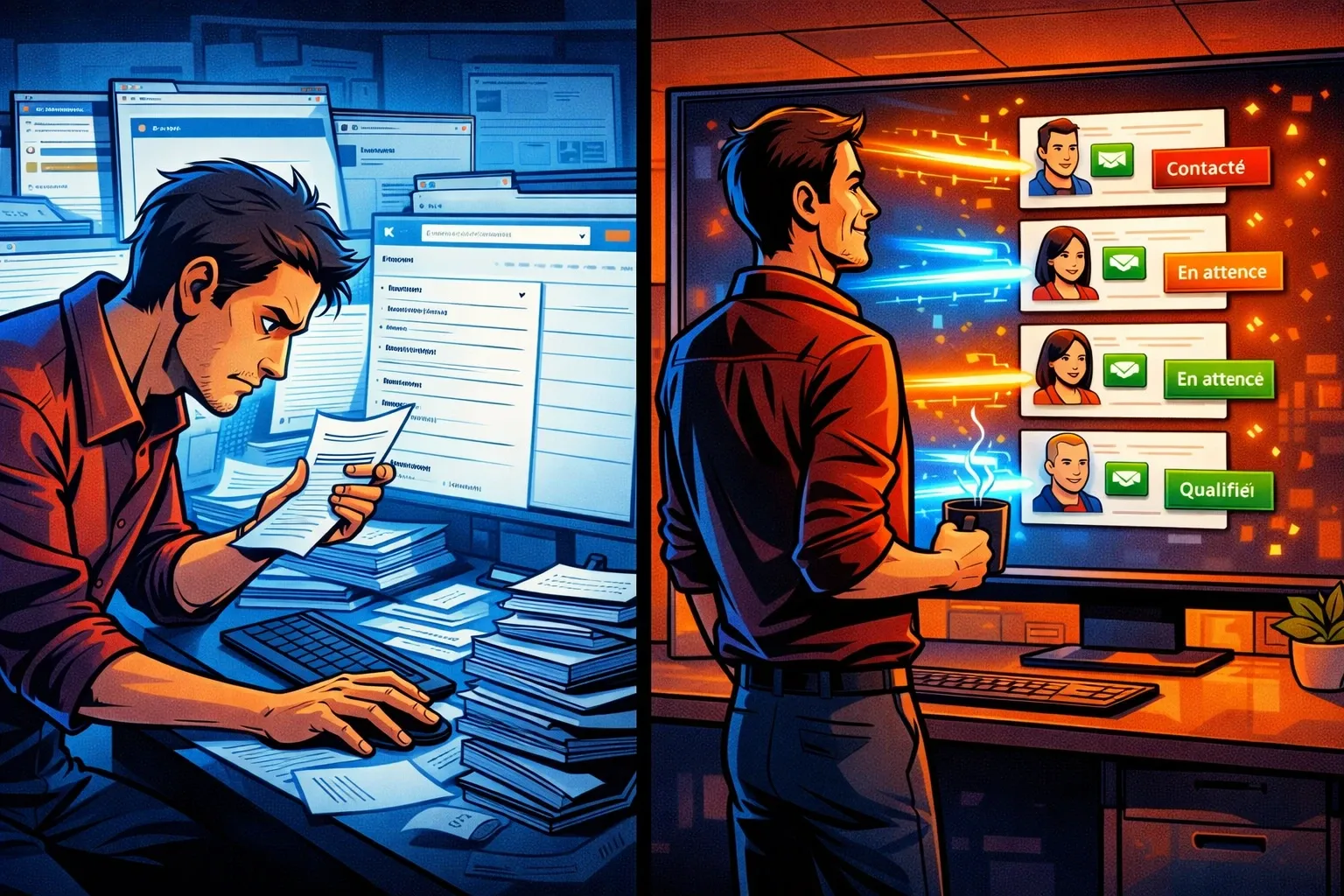 Une scène panoramique oppose une recherche manuelle fastidieuse à un traitement automatisé qui tourne seul.