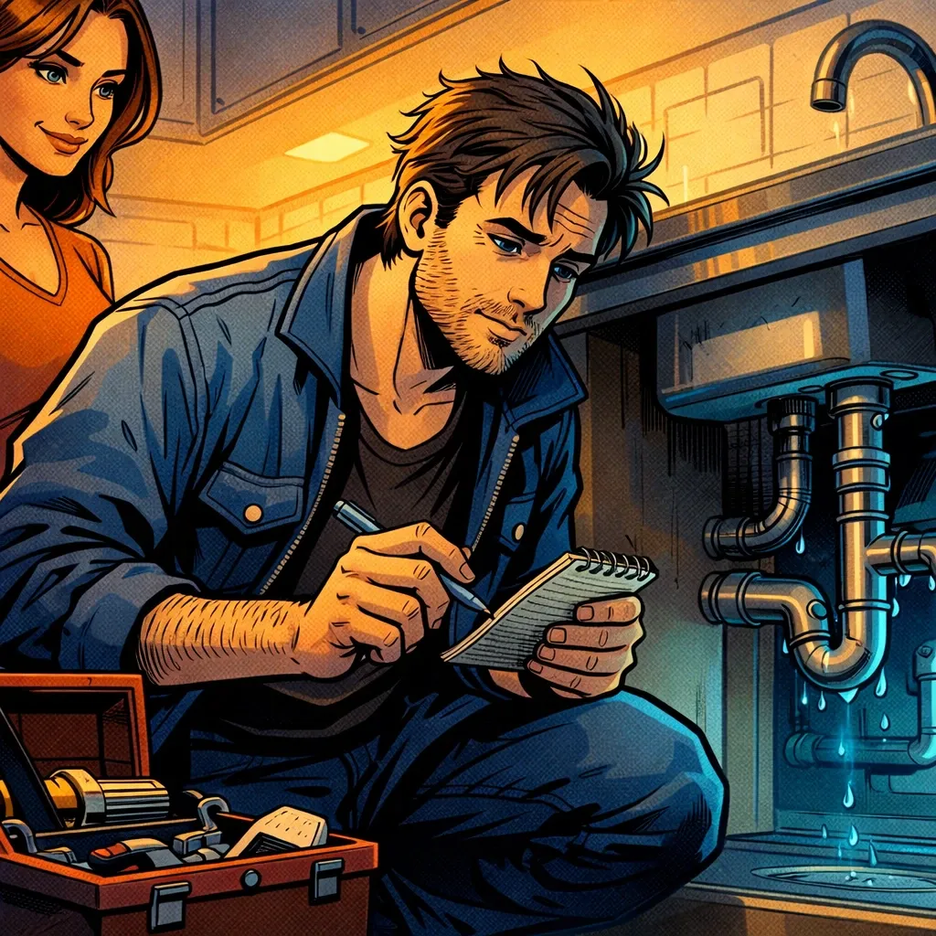 Un artisan examine un évier chez une cliente avant d’envoyer un message pour proposer une visite de chantier.