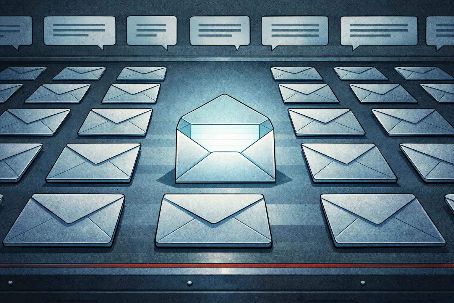 Des enveloppes et bulles de message identiques sont alignées de façon très régulière, avec une enveloppe ouverte au centre.