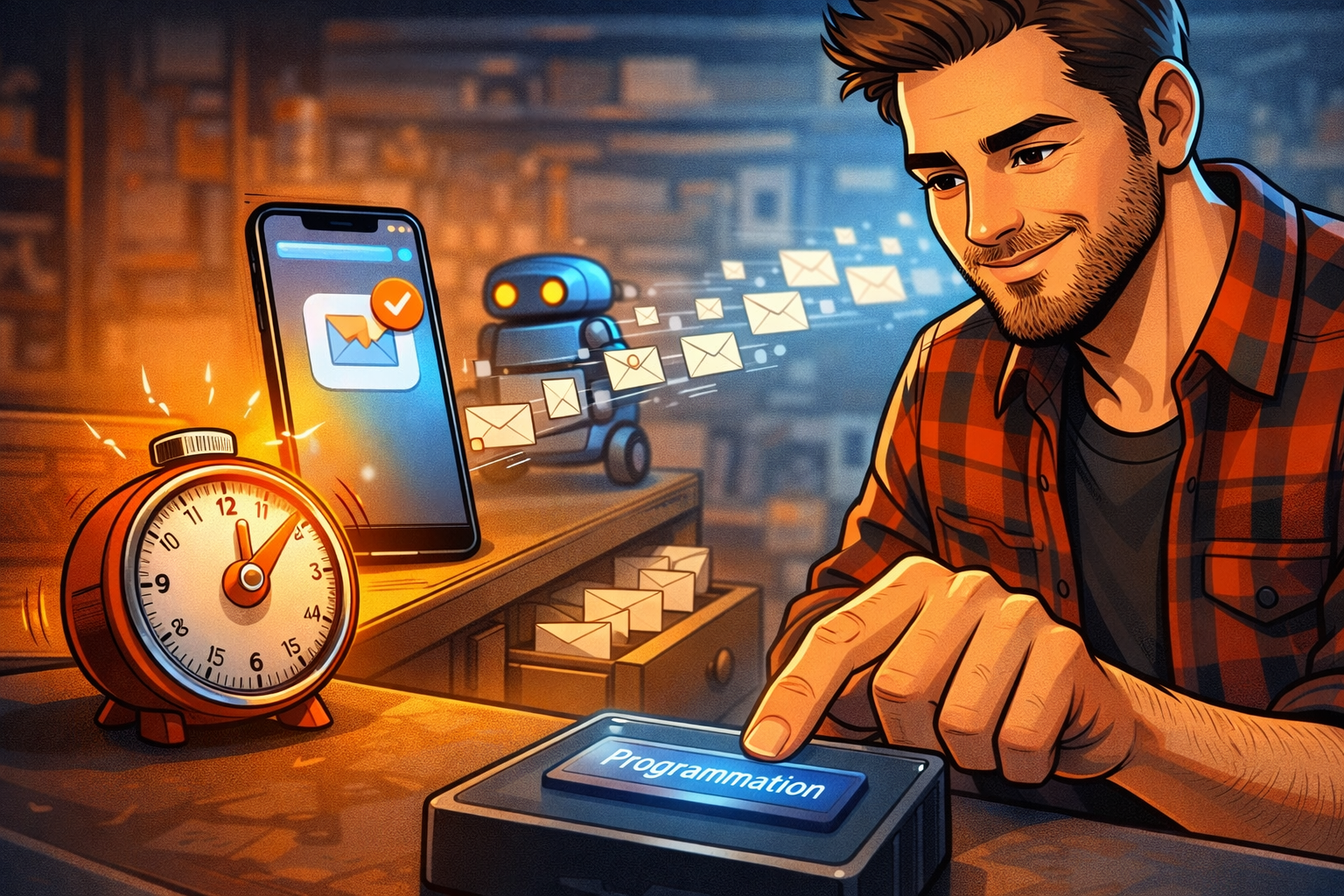 Un minuteur qui sonne dans un atelier tandis qu’une notification de relance apparaît sur un téléphone.