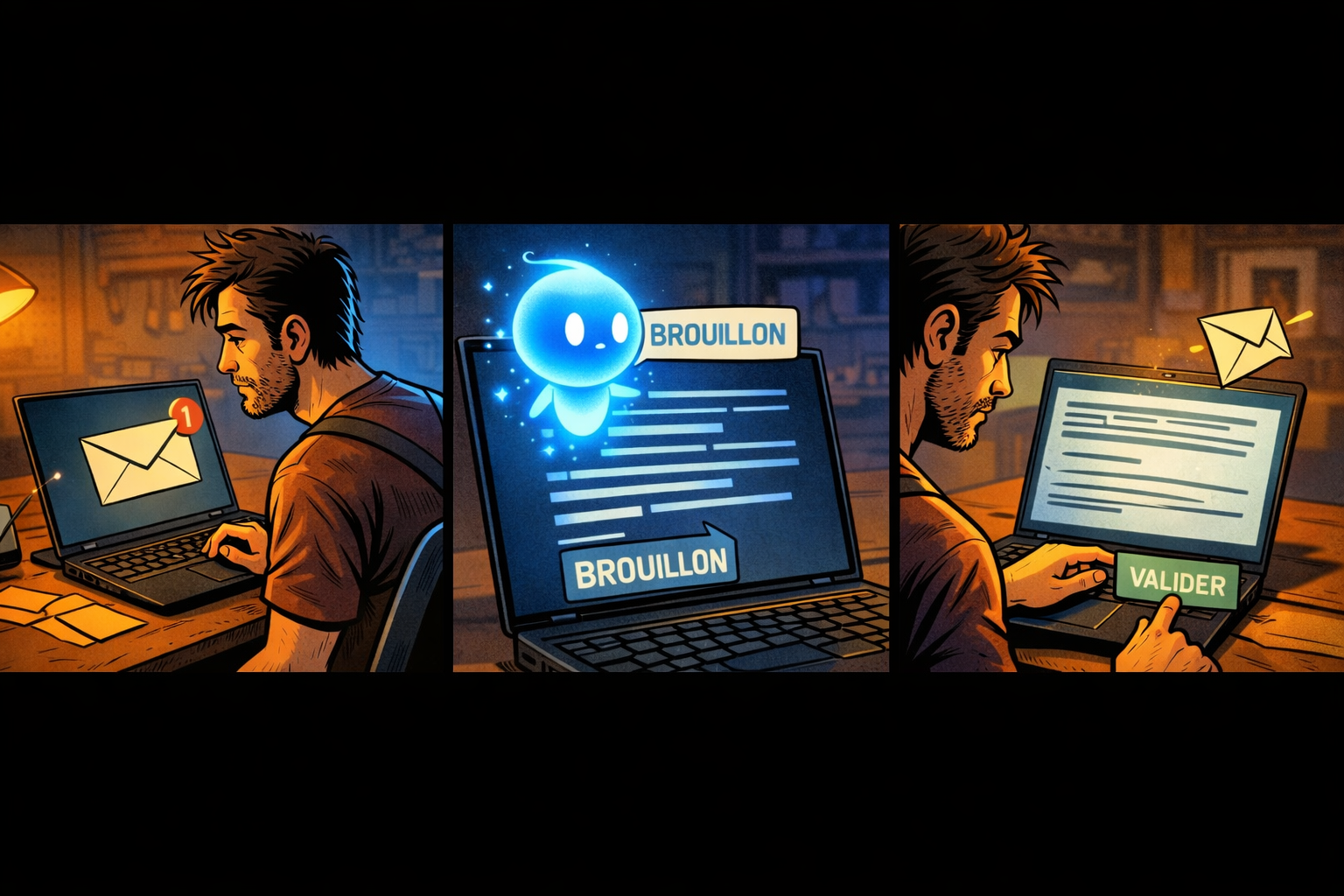 Une bande dessinée en trois scènes montrant un email reçu, un brouillon généré, puis la validation humaine avant l’envoi.