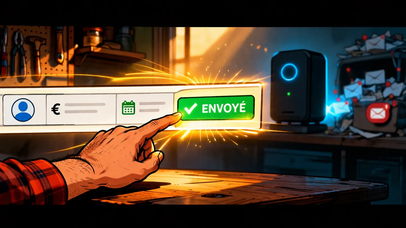 Une ligne de tableau vient de changer de statut tandis qu’un effet visuel suggère que le système se met à surveiller automatiquement le devis.