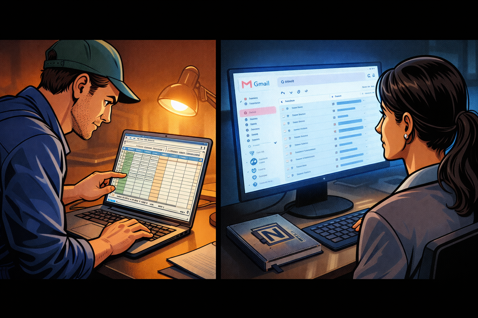 Deux scènes : un plombier consulte son tableur le soir, et une consultante vérifie Gmail tandis qu’un carnet Notion reste fermé.