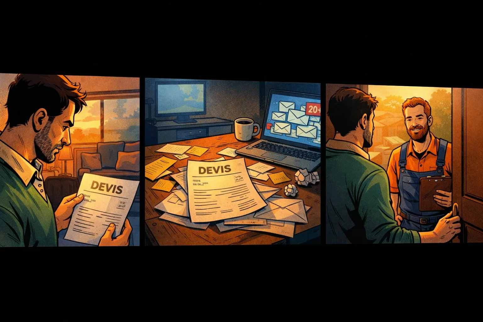 Une illustration en trois scènes montre un client qui attend, puis choisit finalement un autre artisan après l’absence de relance.