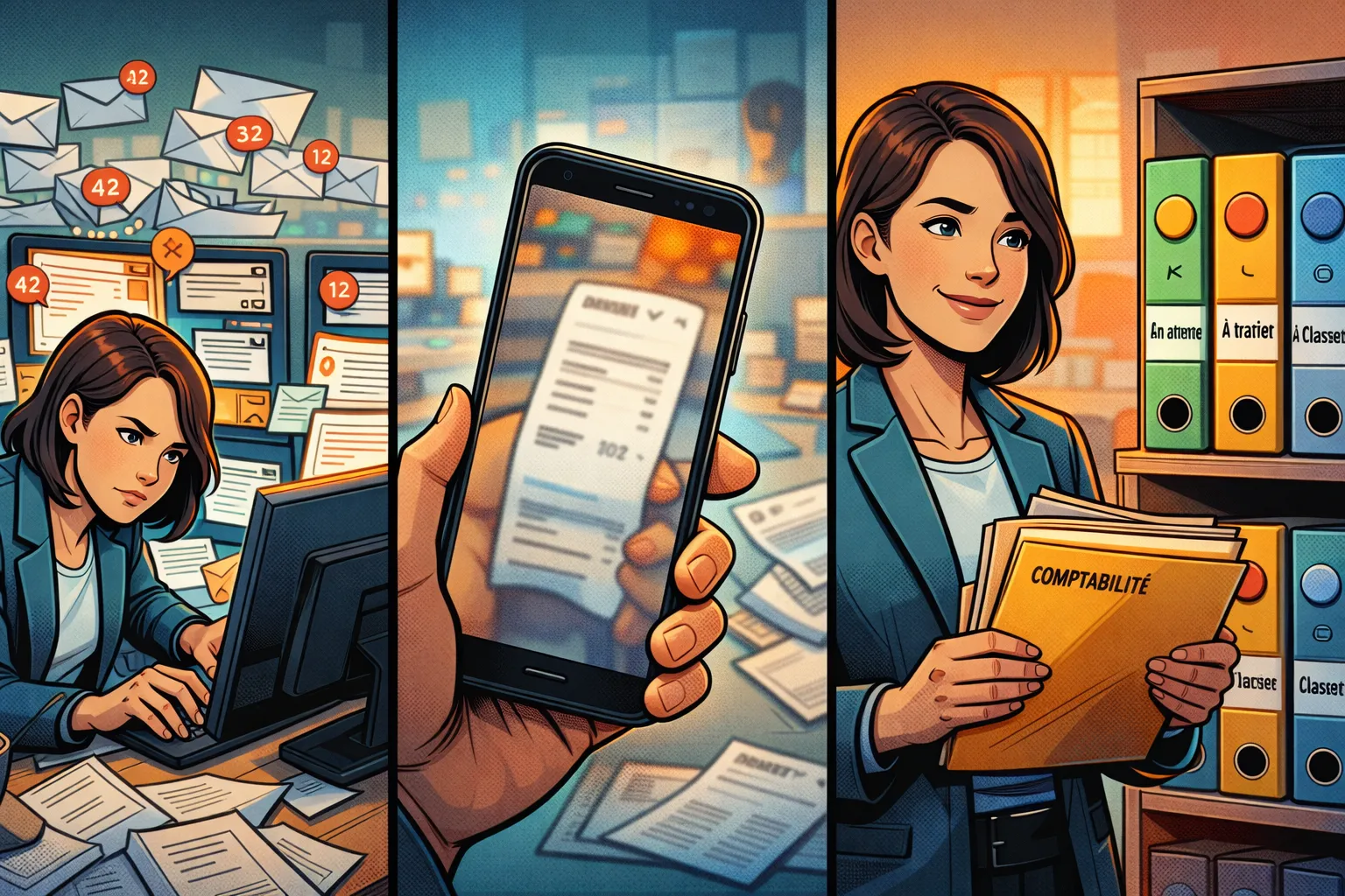 Une gérante de cabinet comptable passe d’une recherche désordonnée de pièces à une collecte enfin structurée dans un strip en trois scènes.